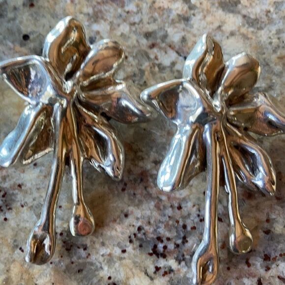 925 Vintage 925 Sterling Large statement clip abstract floral Chunky Earrings 3" - Picture 11 of 15